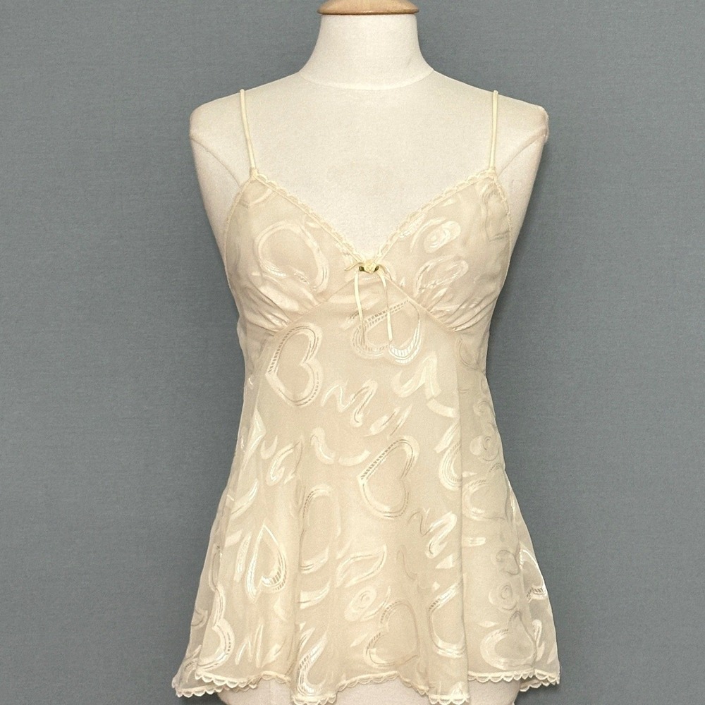 VTG 90s Y2K Babydoll Coquette Womens Top M Ivory Heart Jacquard Sheer Camisole
